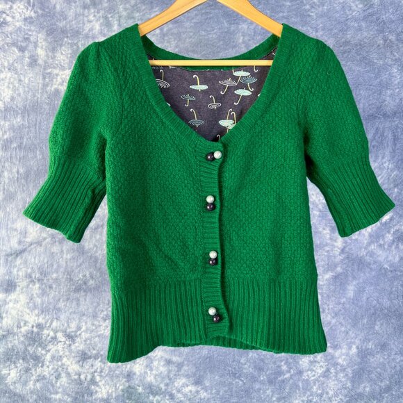 Green Short Sleeve Cropped Cardigan Sweater Sz M - Picture 1 of 3
